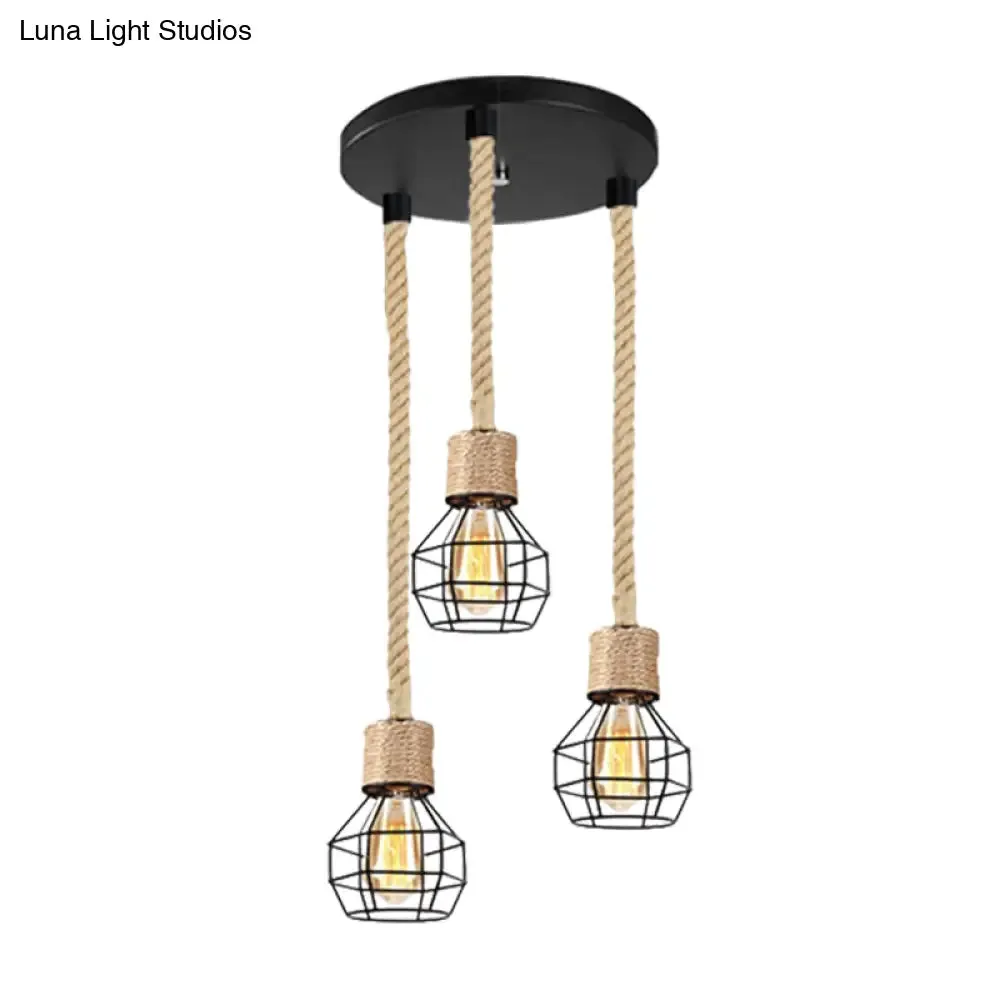 Black Metal Globe Cage Ceiling Light with Adjustable Rope - Lodge Indoor Hanging Lamp (3/5 Heads)