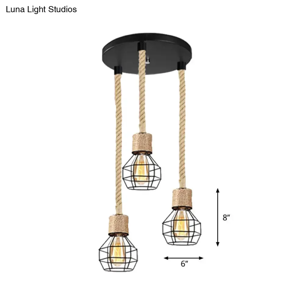 Black Metal Globe Cage Ceiling Light with Adjustable Rope - Lodge Indoor Hanging Lamp (3/5 Heads)