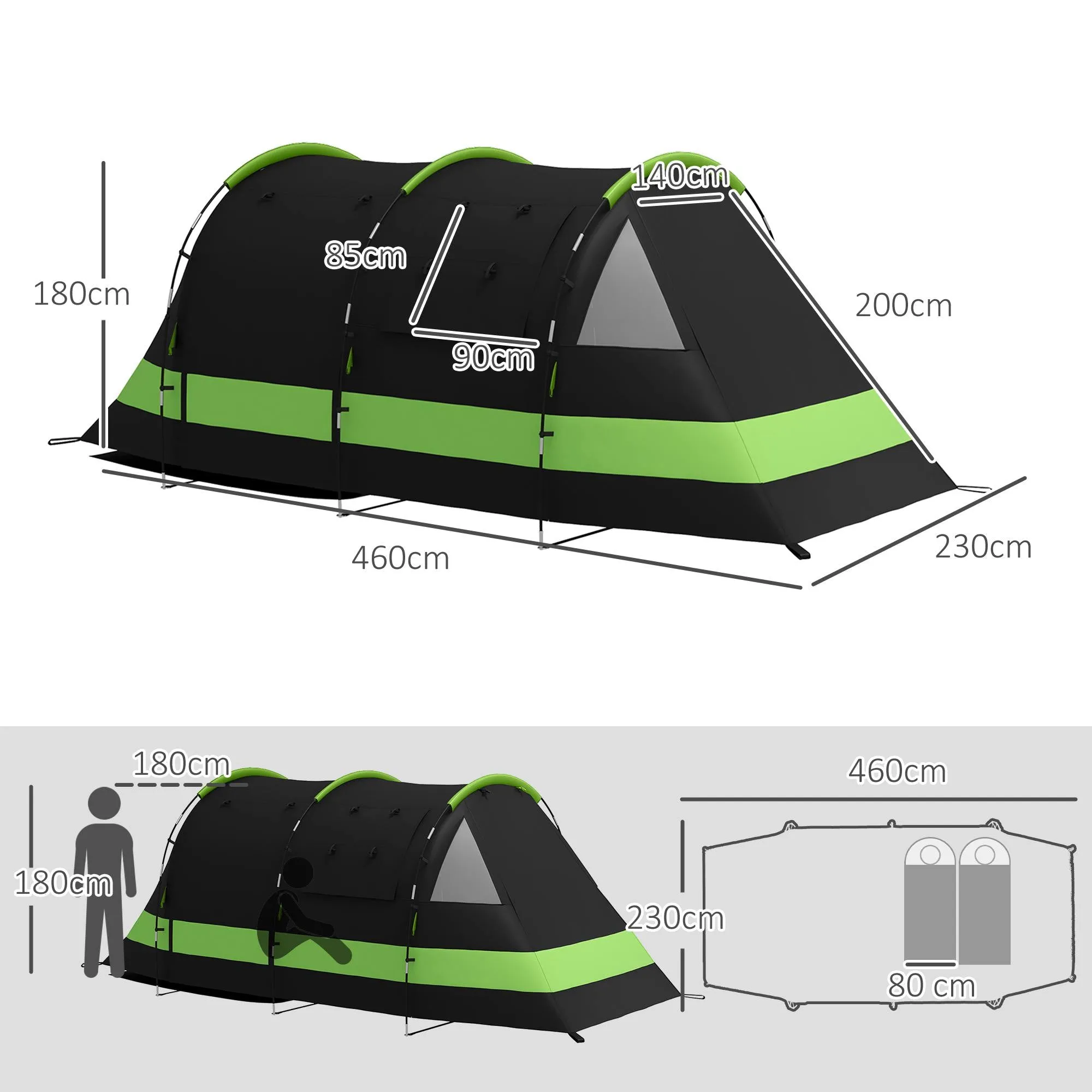 Blackout Camping Tent for 4-5 Person, with Bedroom & Living Room, 3000mm Waterproof, for Fishing Hiking Festival, Black