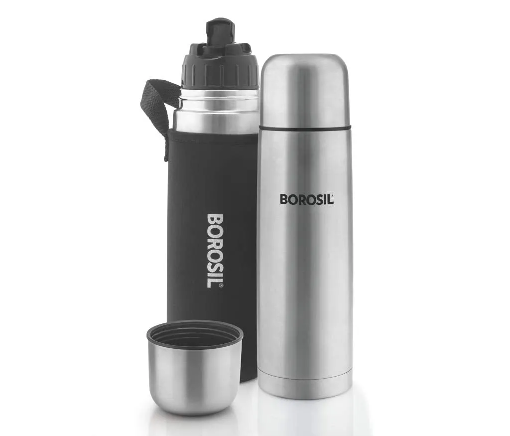 Borosil Hydra Thermo Stainless Steel Flask with Thermal Cover, 1000 ml, Silver (FGFTL1000BL)   Borosil - Stainless Steel Hydra Trek - Vacuum Insulated Flask Water Bottle, 850 ML, Green