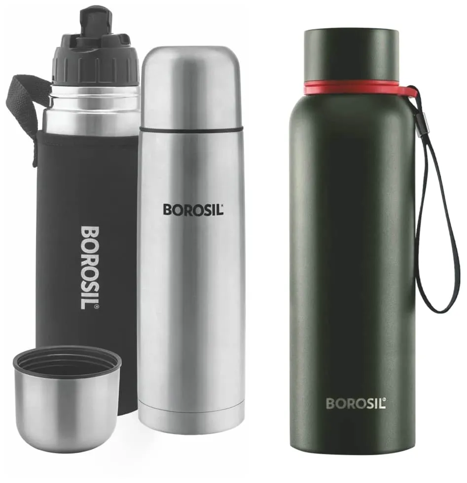 Borosil Hydra Thermo Stainless Steel Flask with Thermal Cover, 1000 ml, Silver (FGFTL1000BL)   Borosil - Stainless Steel Hydra Trek - Vacuum Insulated Flask Water Bottle, 850 ML, Green