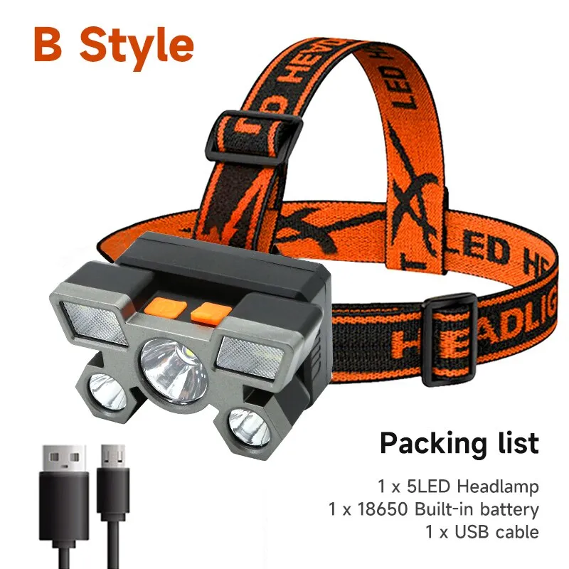 Built-in 5-LED 18650 Battery Rechargeable Headlamp Flashlight