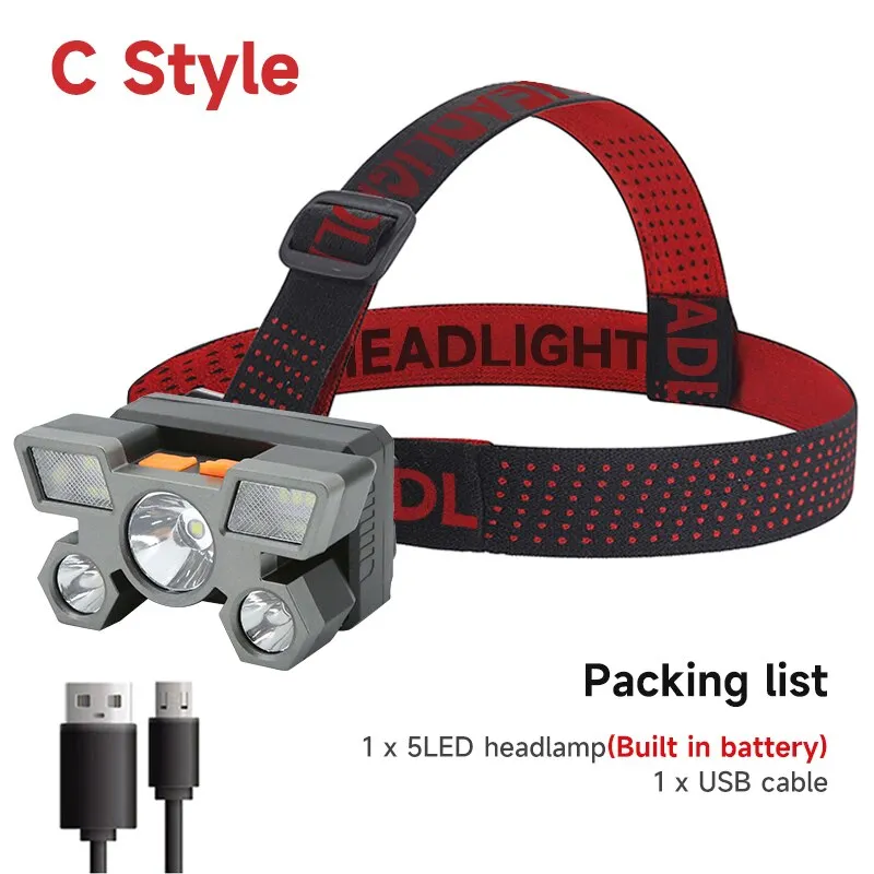 Built-in 5-LED 18650 Battery Rechargeable Headlamp Flashlight