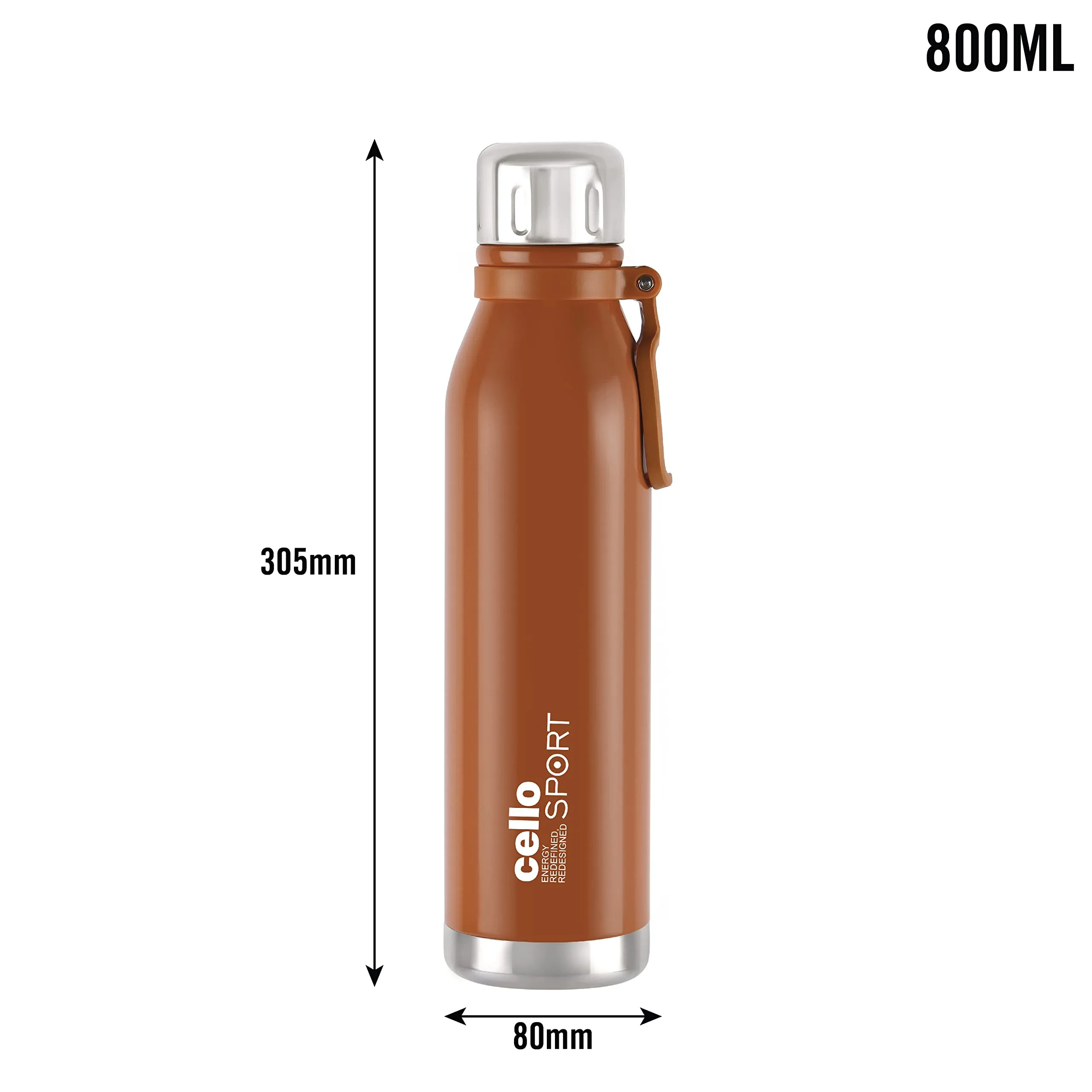 Cello Bentley Insulated Flask | Hot and Cold Stainless Steel Water Bottle | Double Walled Carry Flask for Travel, Home, Office, School | 800 ml, Orange