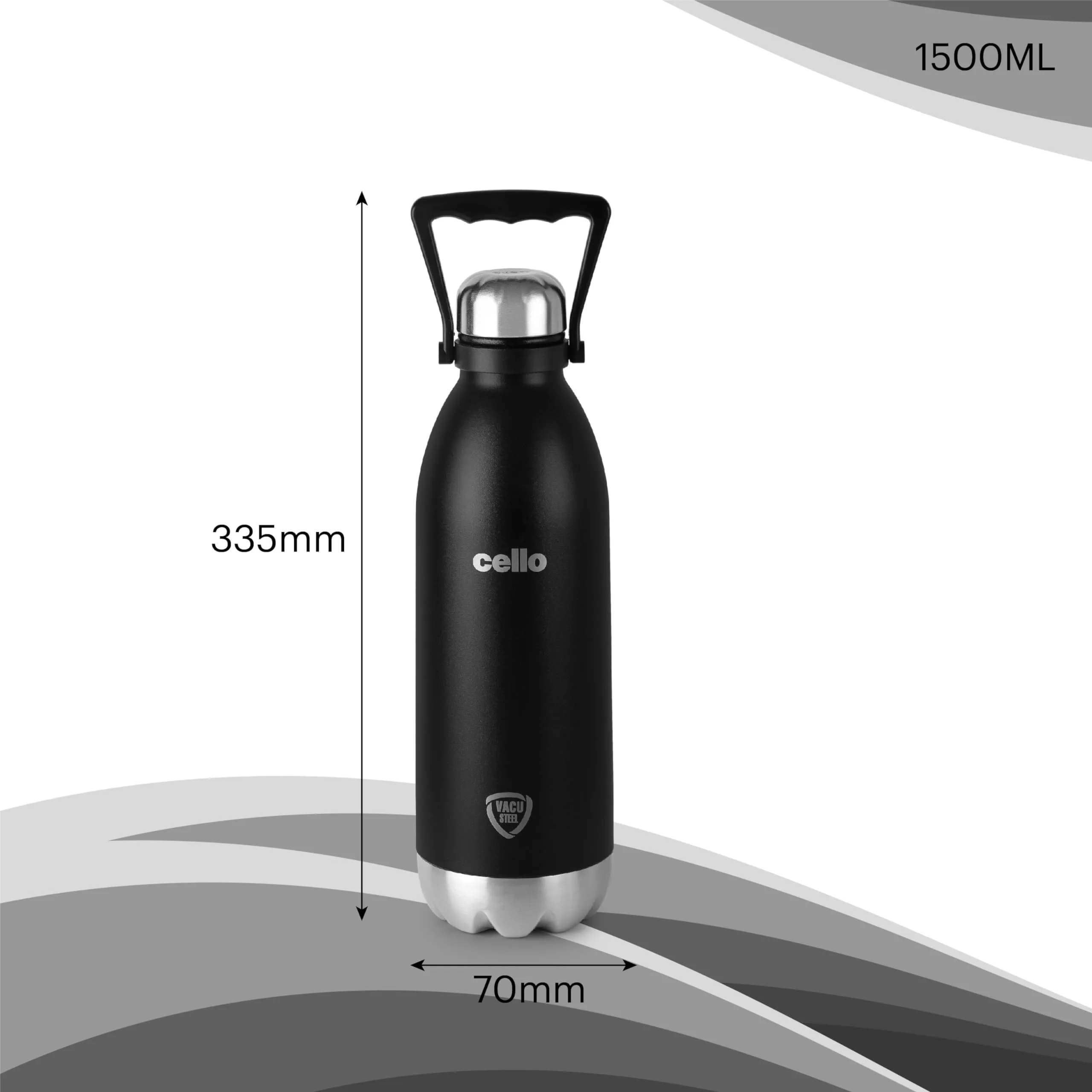 Cello Duro Swift Double Walled Tuff Steel Series Stainless Steel Flask with Thermal Jacket | Durable DTP Coating | Vacuum Insulated Bottle for Travel, Home, Office, School | 1500ml, Black