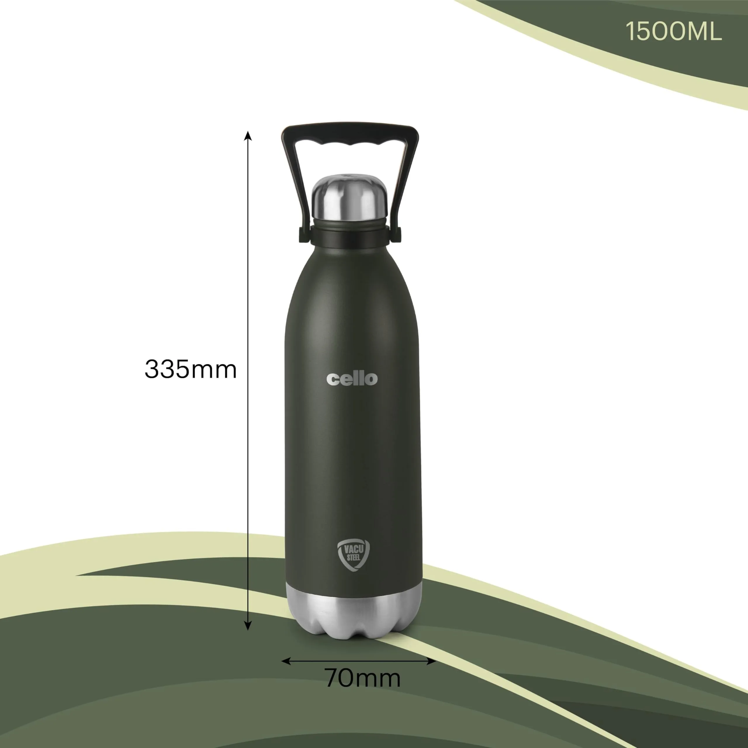 Cello Duro Swift Double Walled Tuff Steel Series Stainless Steel Flask with Thermal Jacket | Durable DTP Coating | Vacuum Insulated Bottle for Travel, Home, Office, School | 1500ml, Green