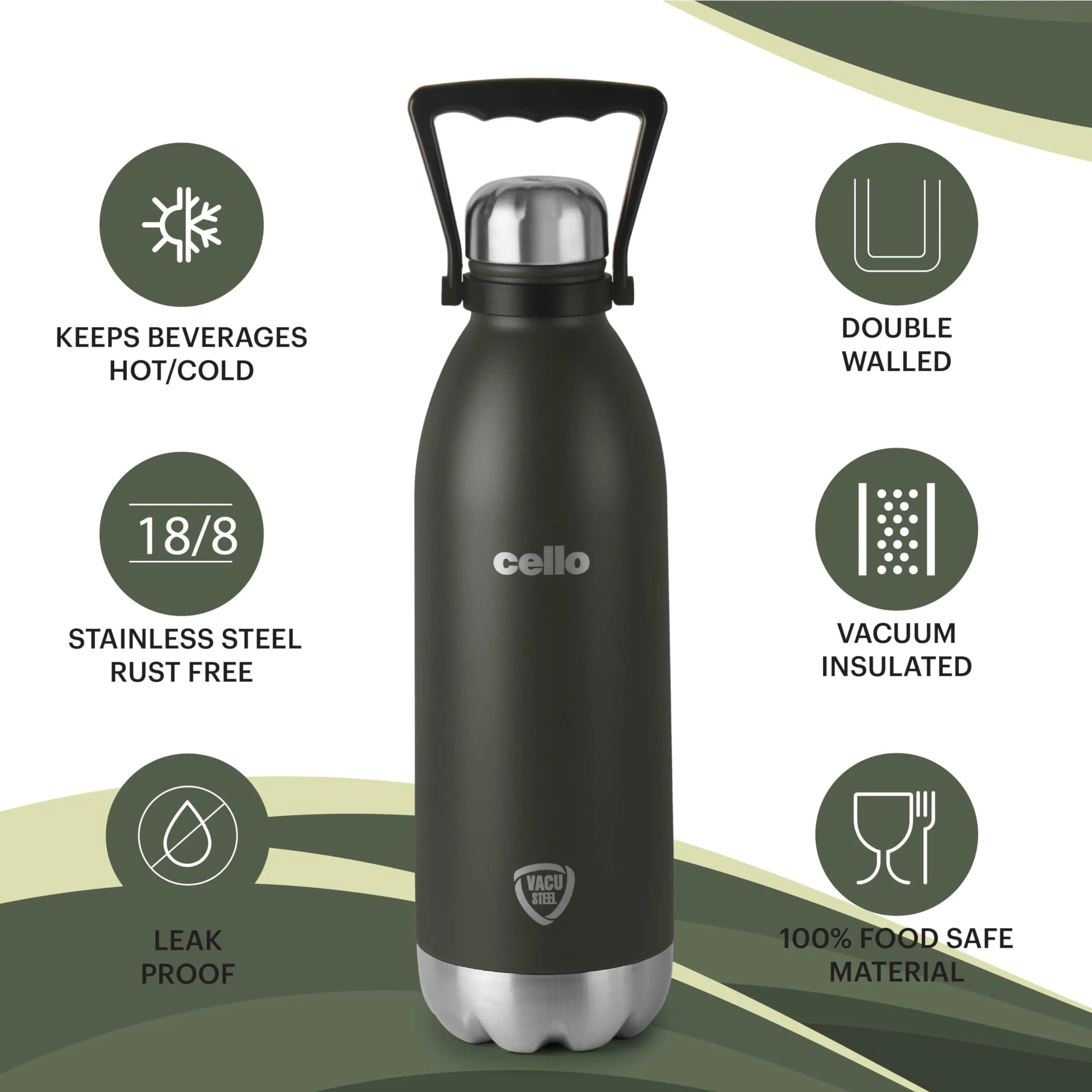 Cello Duro Swift Double Walled Tuff Steel Series Stainless Steel Flask with Thermal Jacket | Durable DTP Coating | Vacuum Insulated Bottle for Travel, Home, Office, School | 1500ml, Green