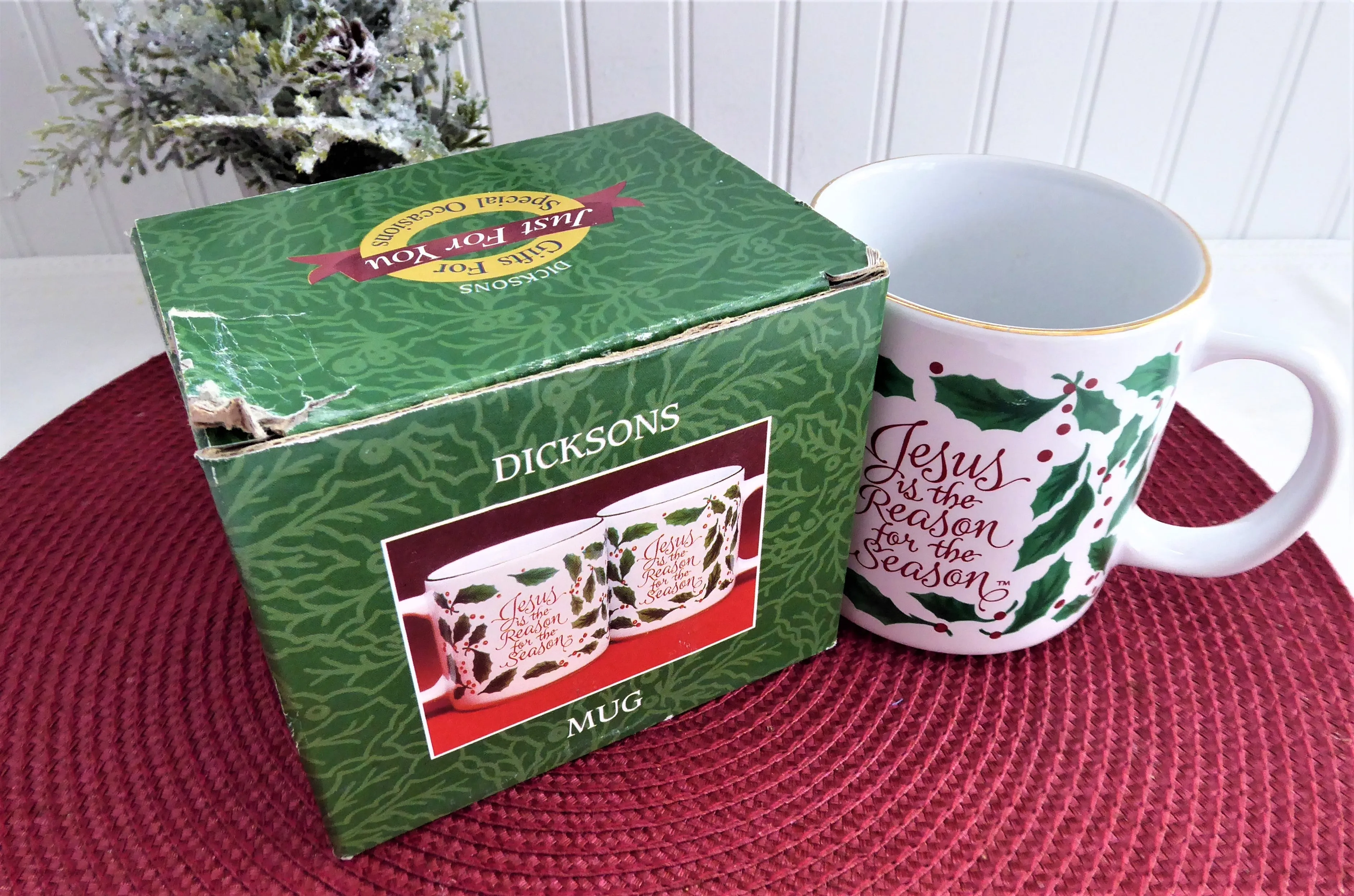 Christmas Mug Holly Jesus Is The Reason 1980s Retro Cocoa Tea Coffee Holiday