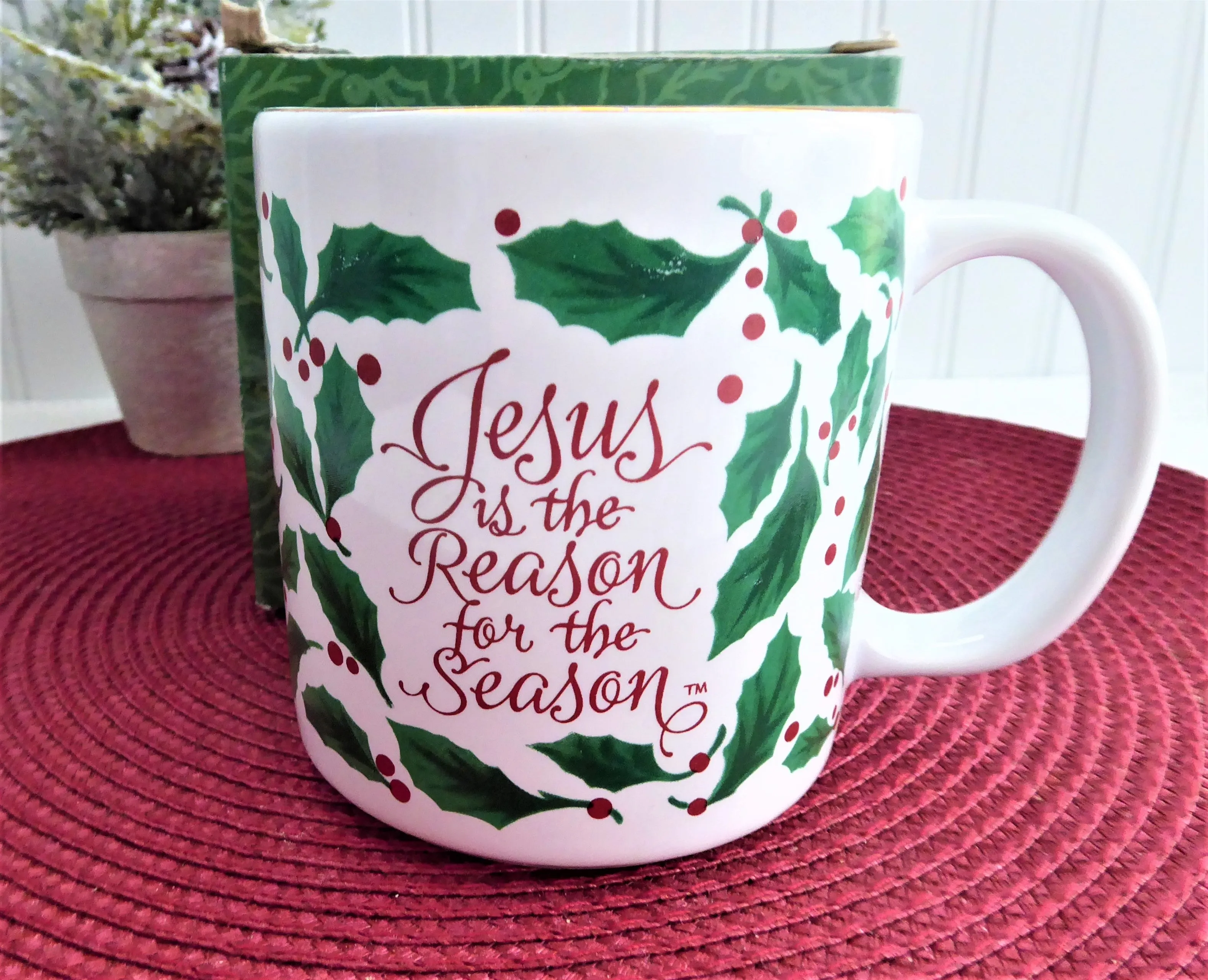 Christmas Mug Holly Jesus Is The Reason 1980s Retro Cocoa Tea Coffee Holiday