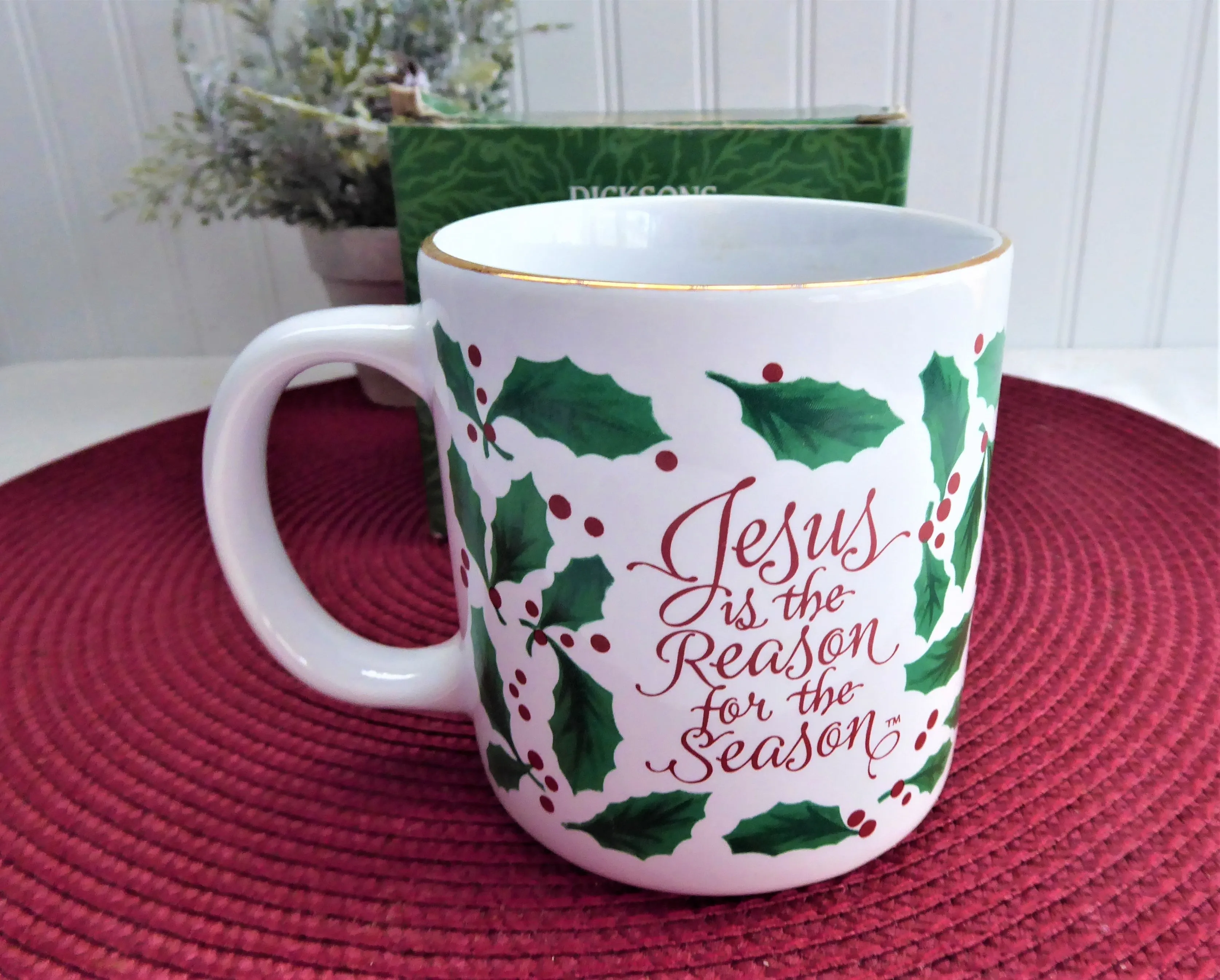 Christmas Mug Holly Jesus Is The Reason 1980s Retro Cocoa Tea Coffee Holiday