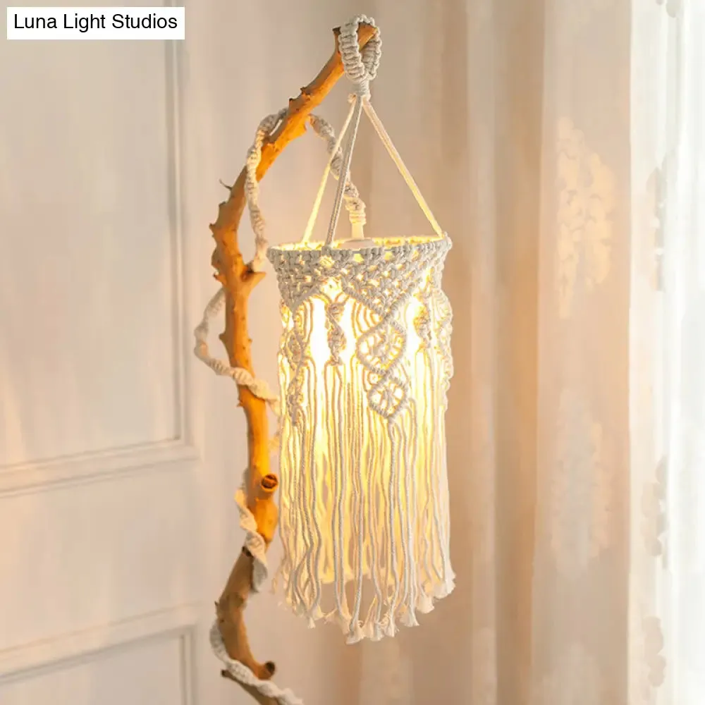 Classic White Woven Fringe Pendant Light with Hemp Rope - Perfect for Living Room Ceiling