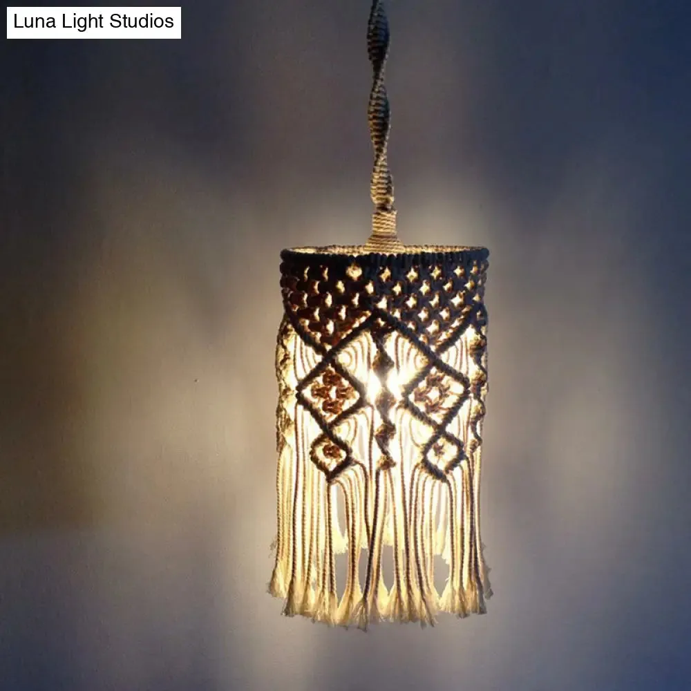 Classic White Woven Fringe Pendant Light with Hemp Rope - Perfect for Living Room Ceiling