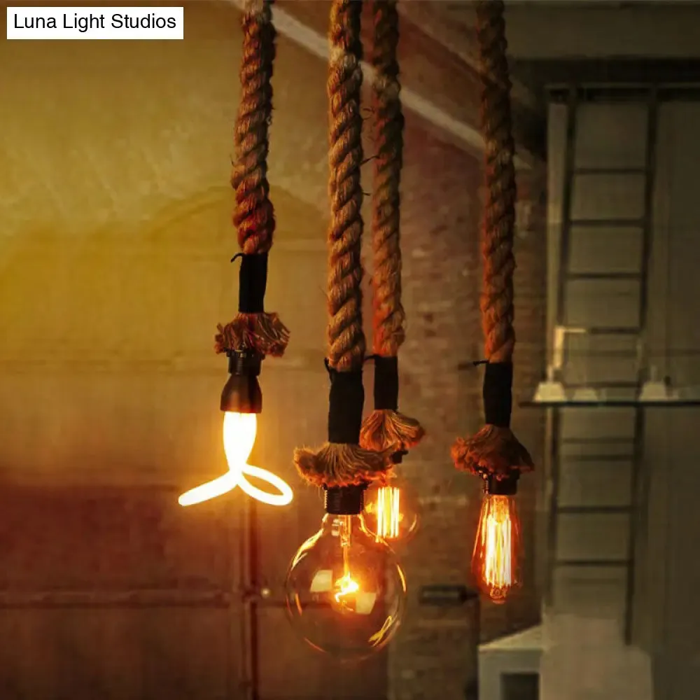 Coastal Rope Pendant Light with Exposed Bulbs - Beige (4 Lights) for Restaurant