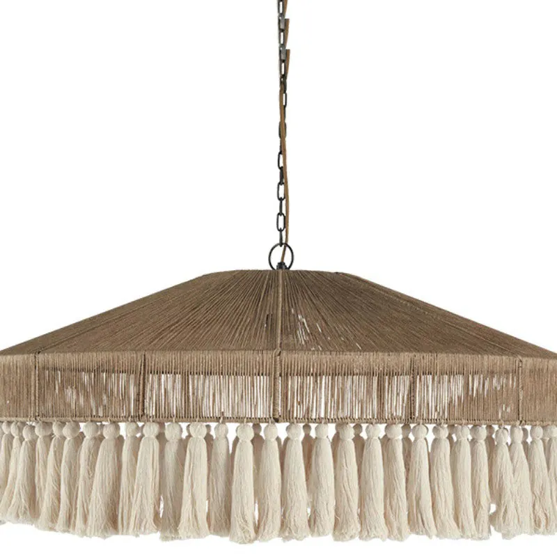 Contemporary Boho Linen Rope Tassel Round 1-Light Pendant Light For Dining Room