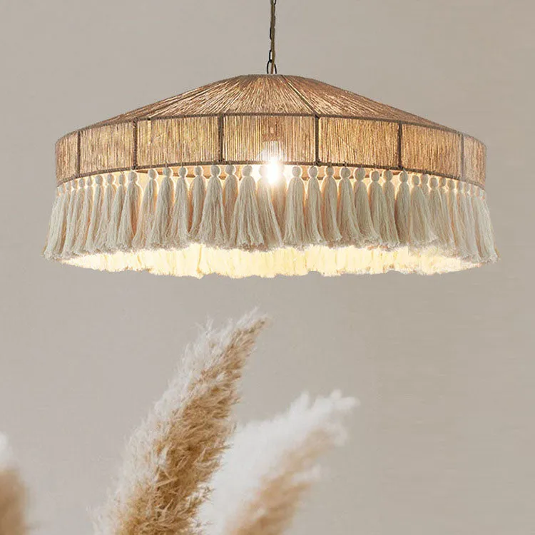 Contemporary Boho Linen Rope Tassel Round 1-Light Pendant Light For Dining Room