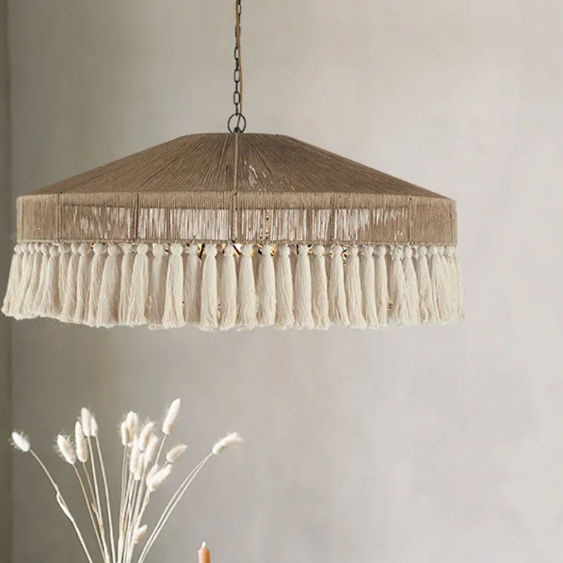 Contemporary Boho Linen Rope Tassel Round 1-Light Pendant Light For Dining Room