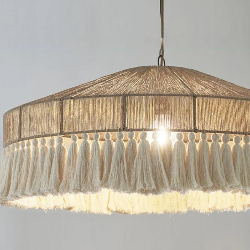 Contemporary Boho Linen Rope Tassel Round 1-Light Pendant Light For Dining Room