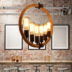 Country Style Roped Ring Chandelier Lamp - 6 Lights, Beige - Restaurant Hanging Lamp with Exposed Bulb