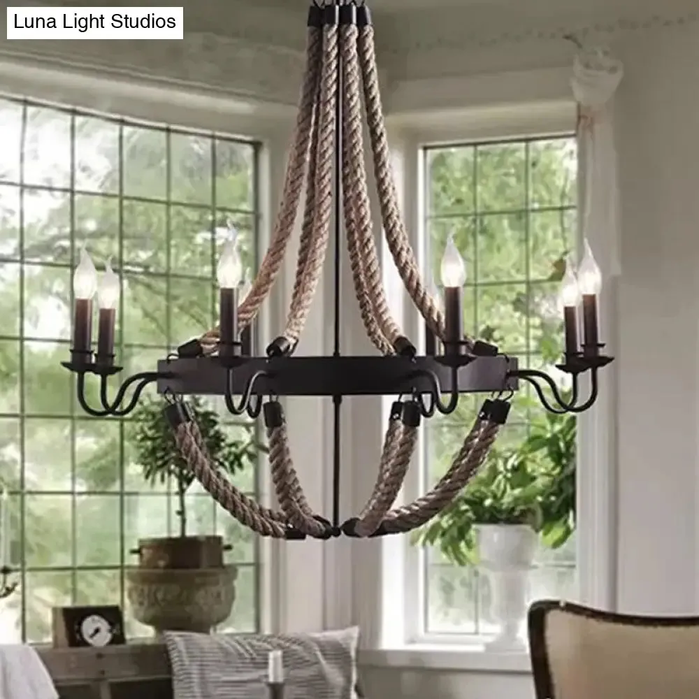 Countryside Hanging Chandelier with 6/8 Brown Bulbs and Hemp Rope Basket Pendant Design