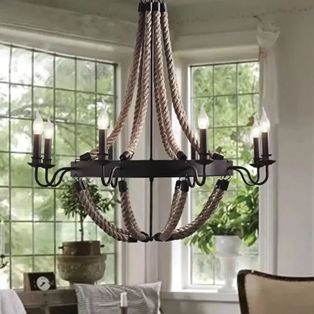 Countryside Hanging Chandelier with 6/8 Brown Bulbs and Hemp Rope Basket Pendant Design