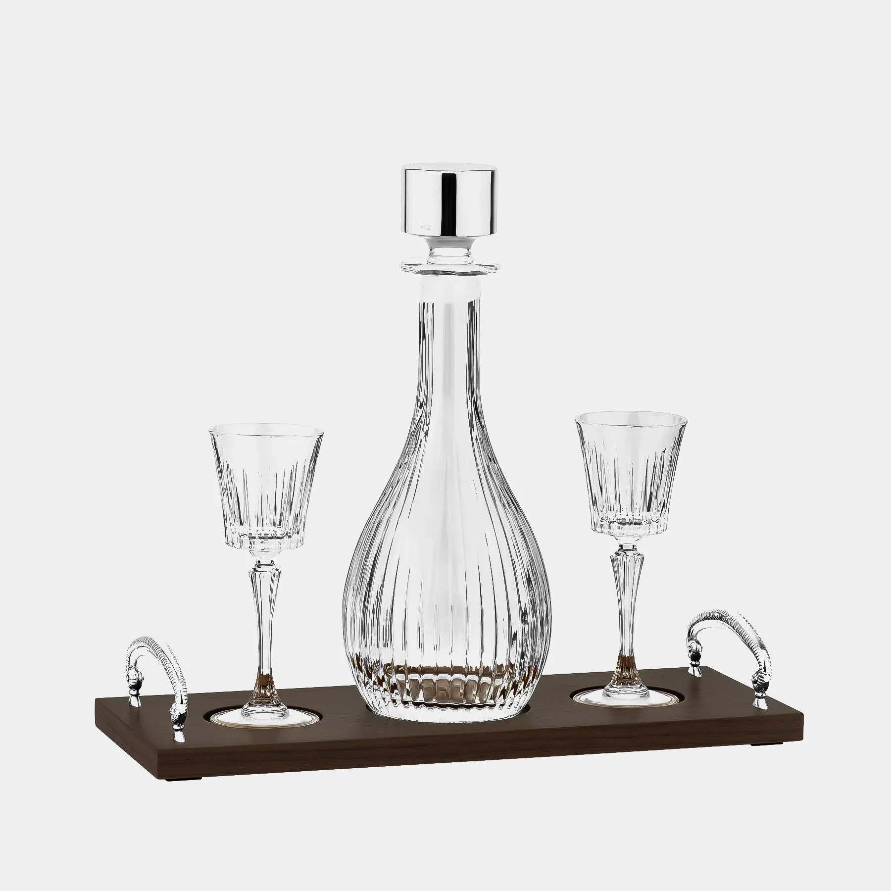 Crystal Liqueur Set With Tray in Walnut Wood, Silver-Plated Decoration