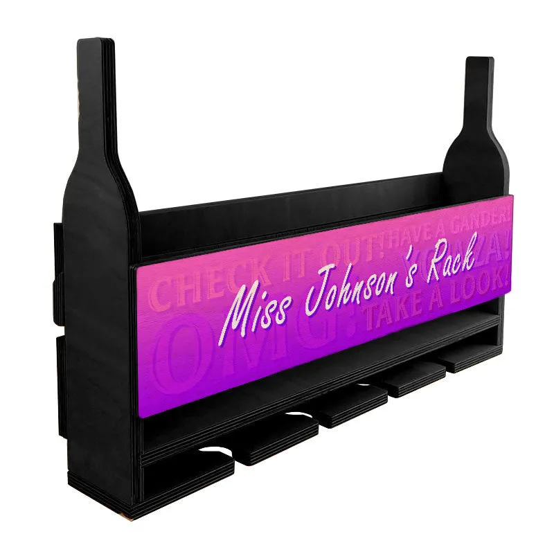 CUSTOMIZABLE Wall Mounted Wine Bottle & Glass Hanging Shelf w/ Fun Pink Plaque