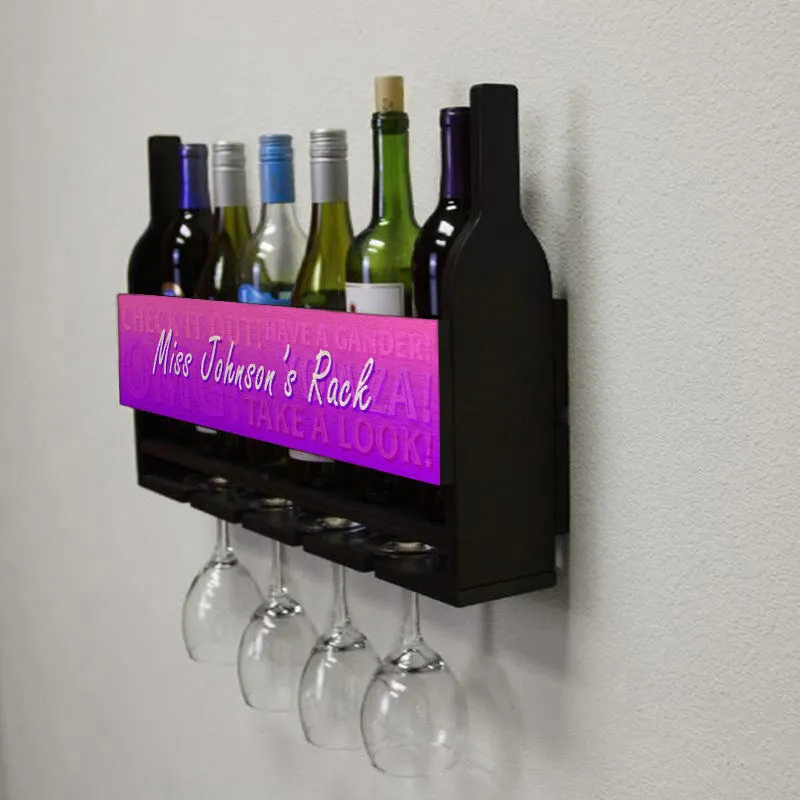 CUSTOMIZABLE Wall Mounted Wine Bottle & Glass Hanging Shelf w/ Fun Pink Plaque