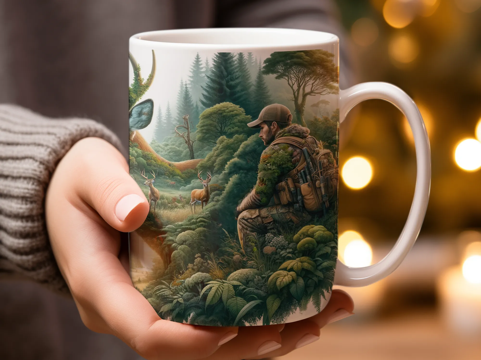 Deer Hunter and Deer Design Coffee Mug, Deer Mug, Hunter Gift, Hunting Gift, Hunting Mug, Deer Lover Mug