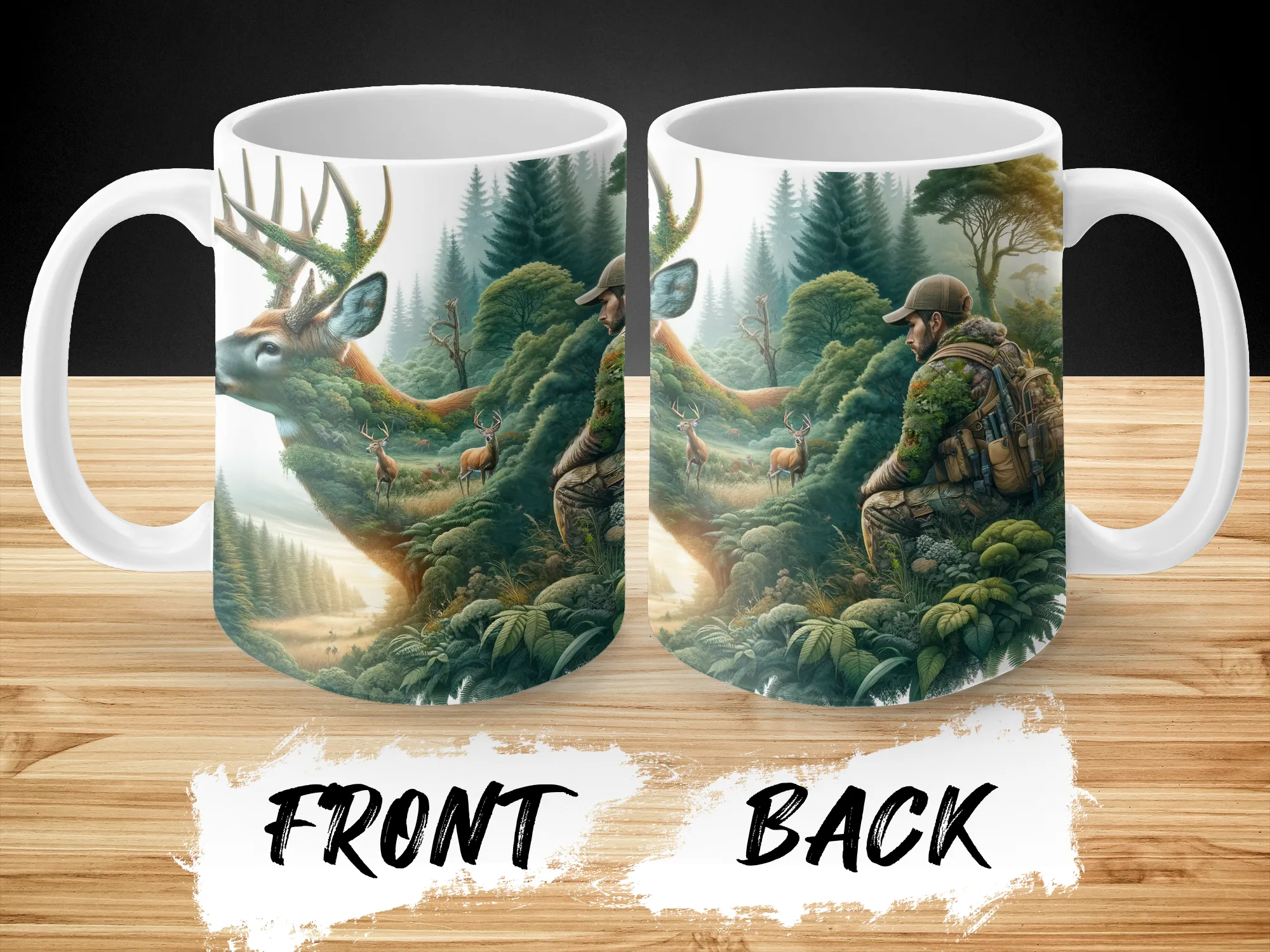 Deer Hunter and Deer Design Coffee Mug, Deer Mug, Hunter Gift, Hunting Gift, Hunting Mug, Deer Lover Mug