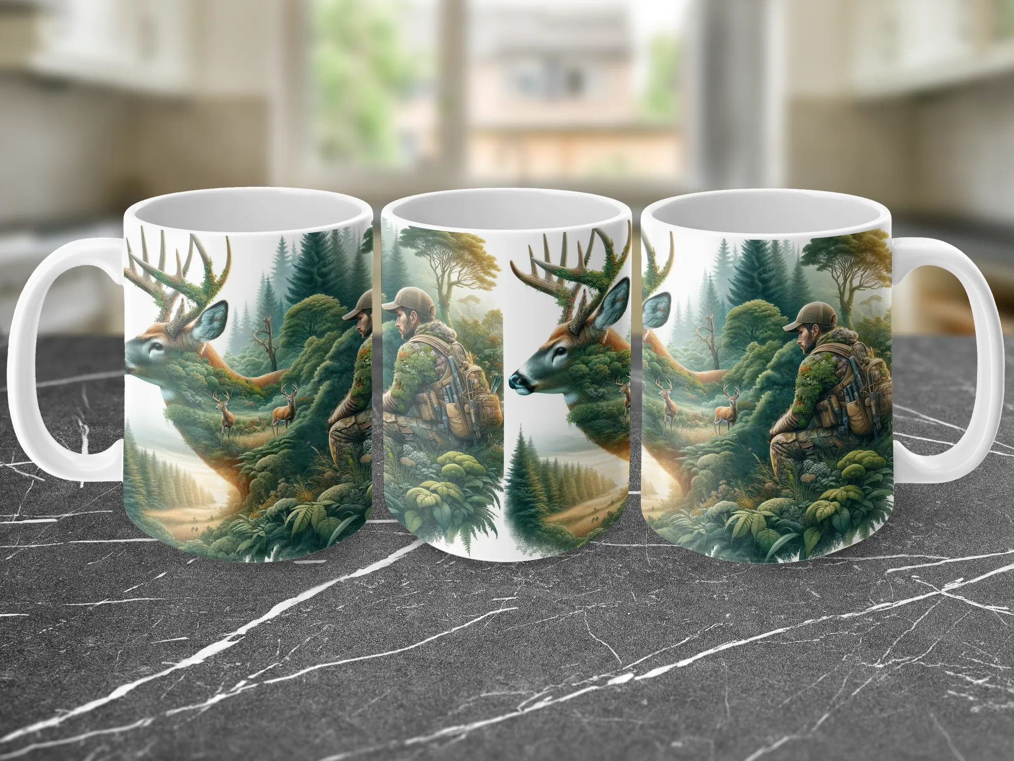 Deer Hunter and Deer Design Coffee Mug, Deer Mug, Hunter Gift, Hunting Gift, Hunting Mug, Deer Lover Mug