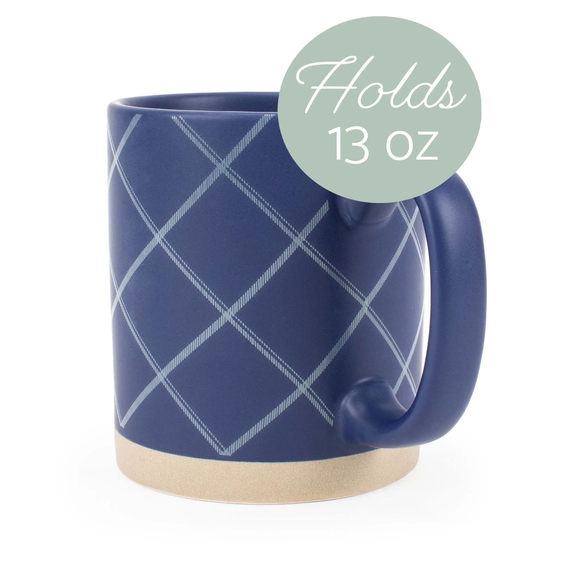 Elanze Designs Modern Plaid Raw Clay Bottom Navy Blue 13 ounce Ceramic Coffee Mugs Set of 4