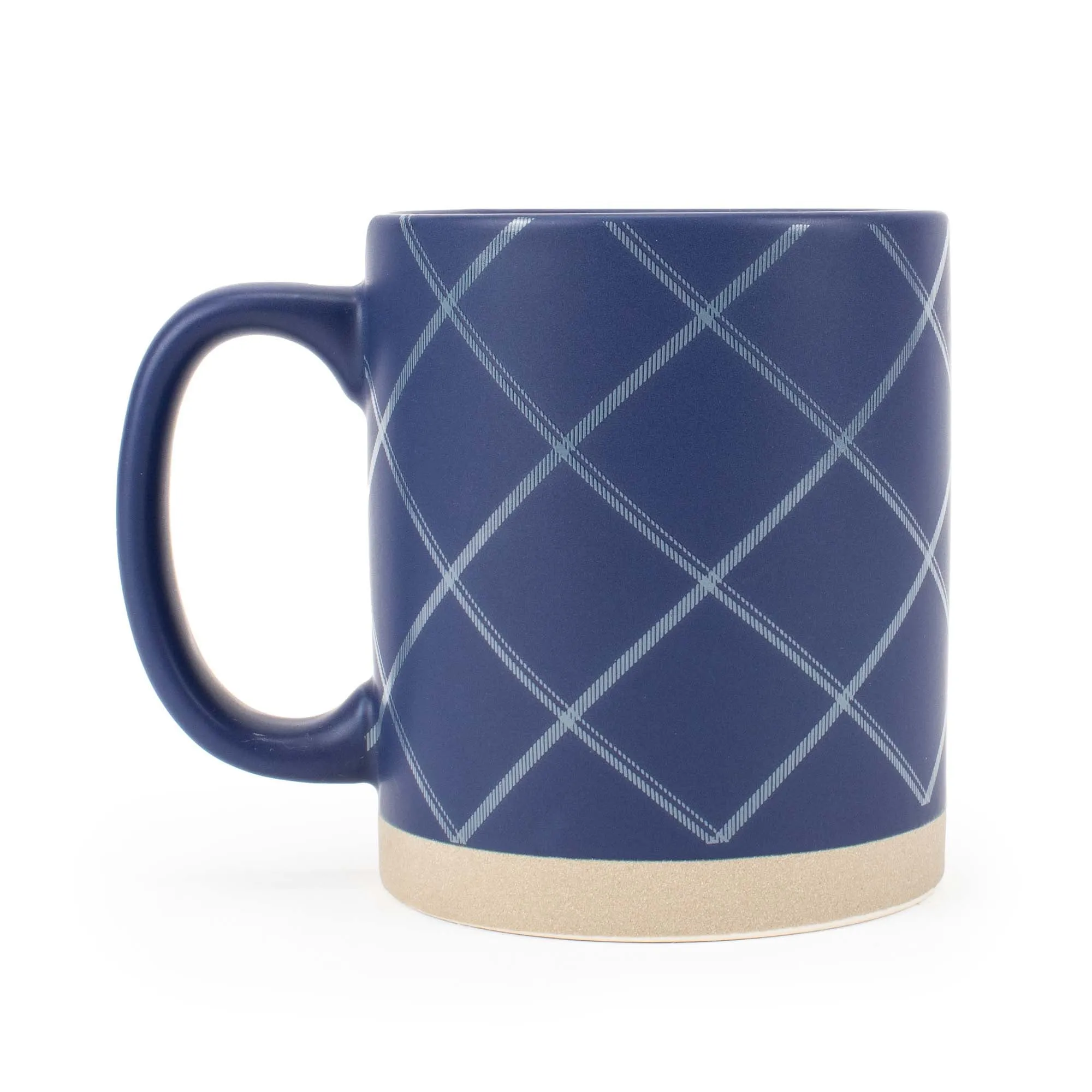 Elanze Designs Modern Plaid Raw Clay Bottom Navy Blue 13 ounce Ceramic Coffee Mugs Set of 4