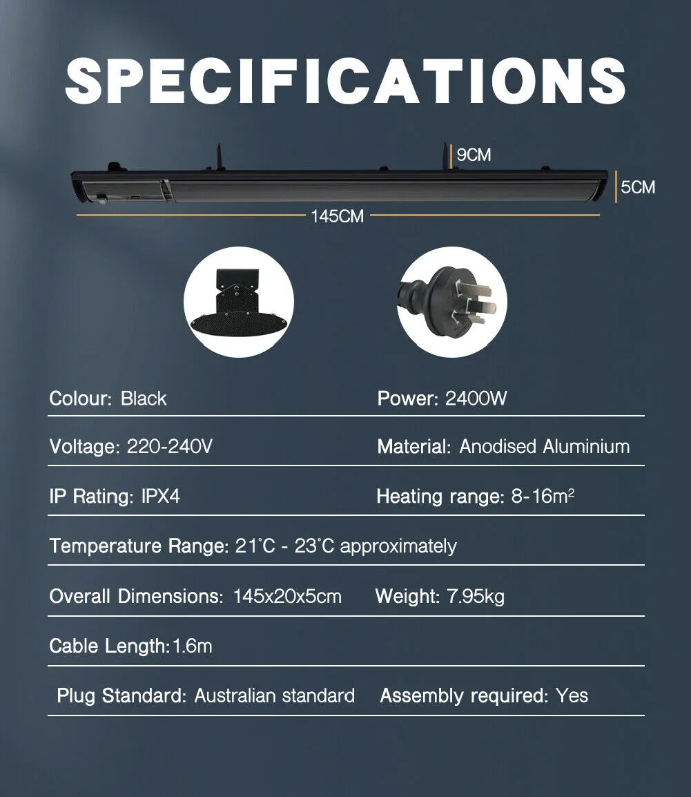 Electric Infrared Radiant Strip Heater Outdoor 2400W Panel Heat Bar w/ Remote