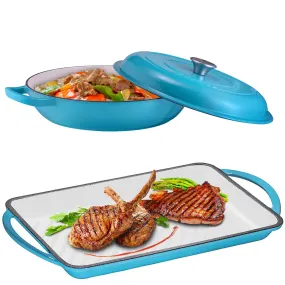 Enameled Cast Iron 2 Piece Gift Set, 3.8 Quart Braiser Pan with Lid, Rectangular Grill Pan