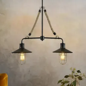 Farmhouse Wire Cage Pendant Light: 2 Bulbs, Island Lamp with Rope and Flared Shade, Metallic Finish in Black