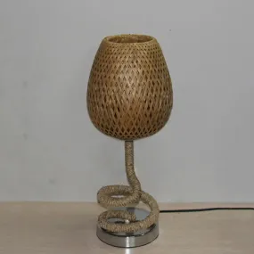 Flaxen Bamboo Rattan Night Lamp - Bud Shape Design - 1-Bulb Night Table Light with Rope Accent - Asian-Inspired