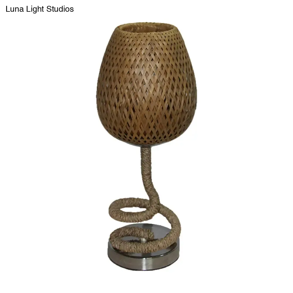 Flaxen Bamboo Rattan Night Lamp - Bud Shape Design - 1-Bulb Night Table Light with Rope Accent - Asian-Inspired