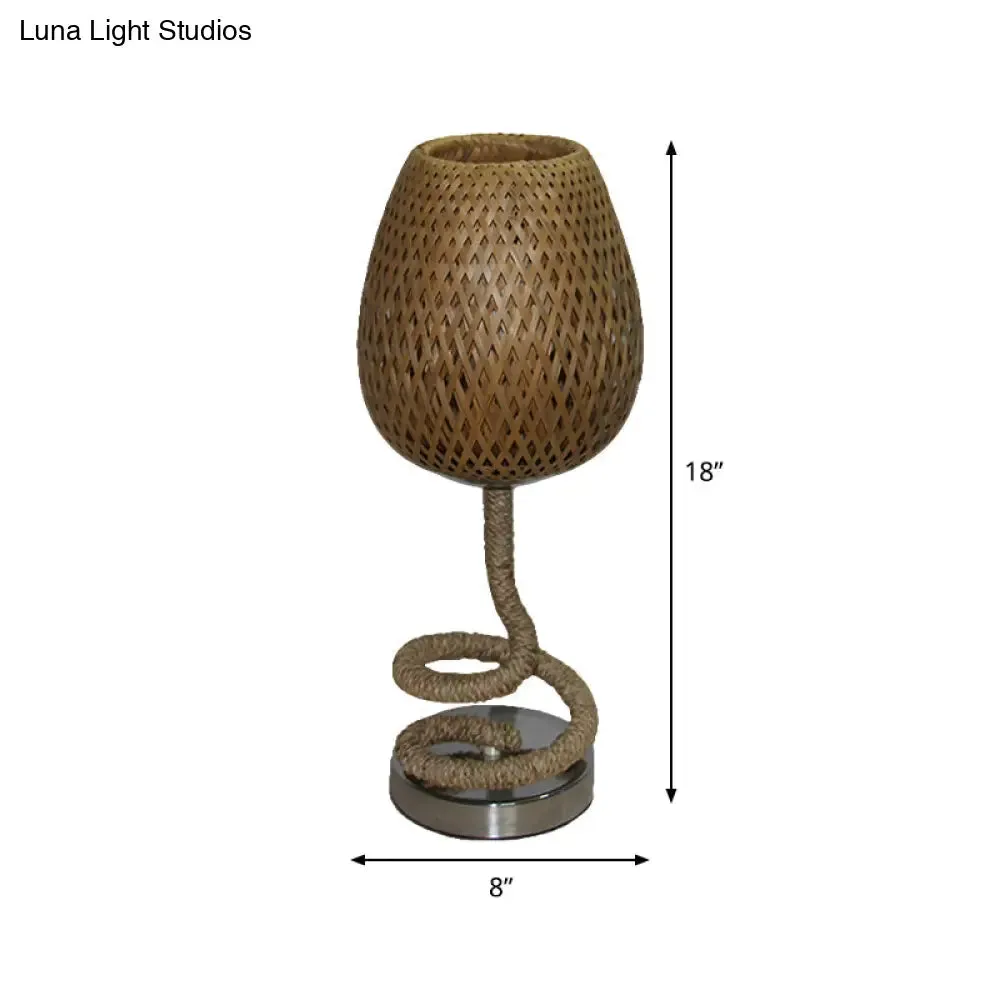 Flaxen Bamboo Rattan Night Lamp - Bud Shape Design - 1-Bulb Night Table Light with Rope Accent - Asian-Inspired