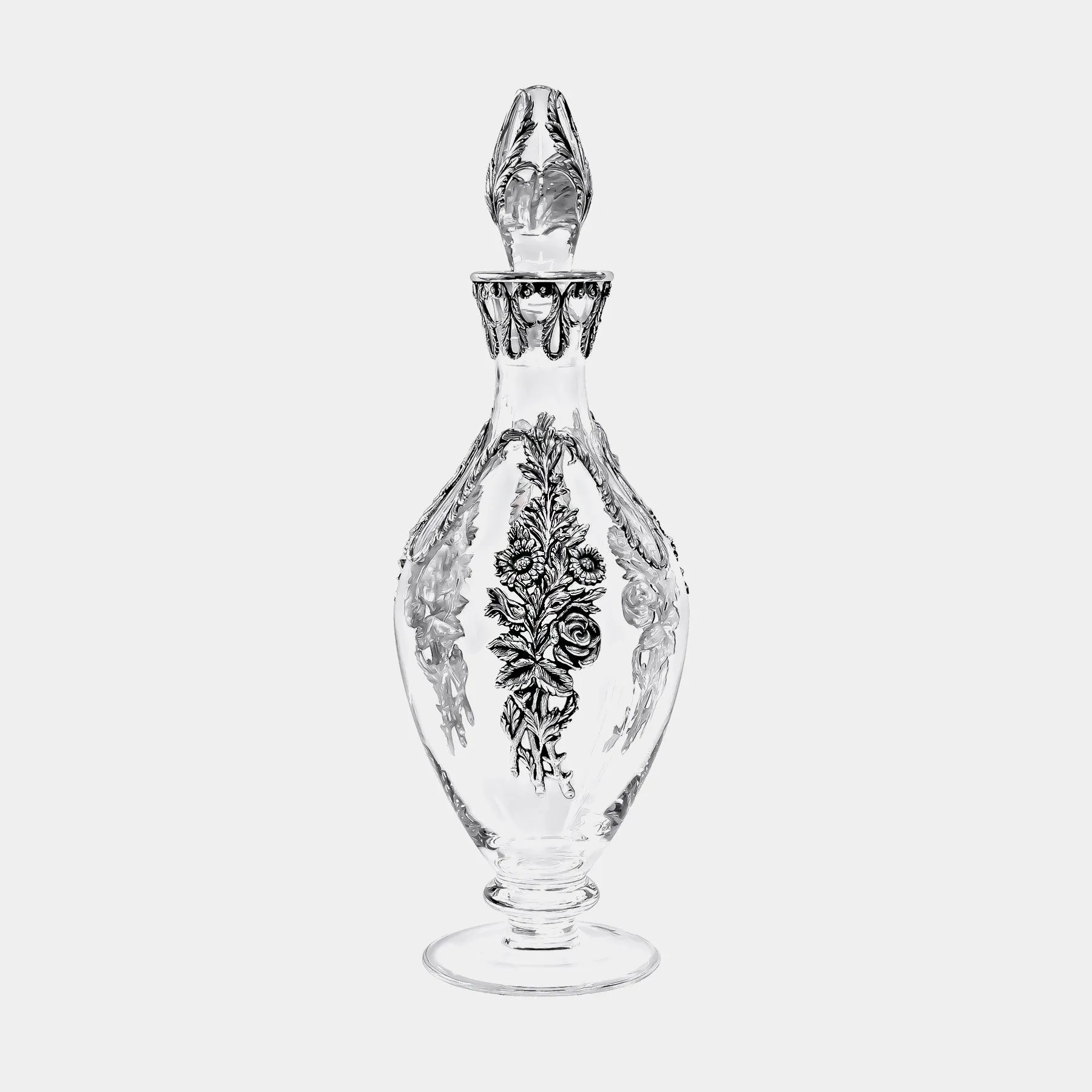 Glass Decanter Carafe Florale, Silver-Plated Decoration