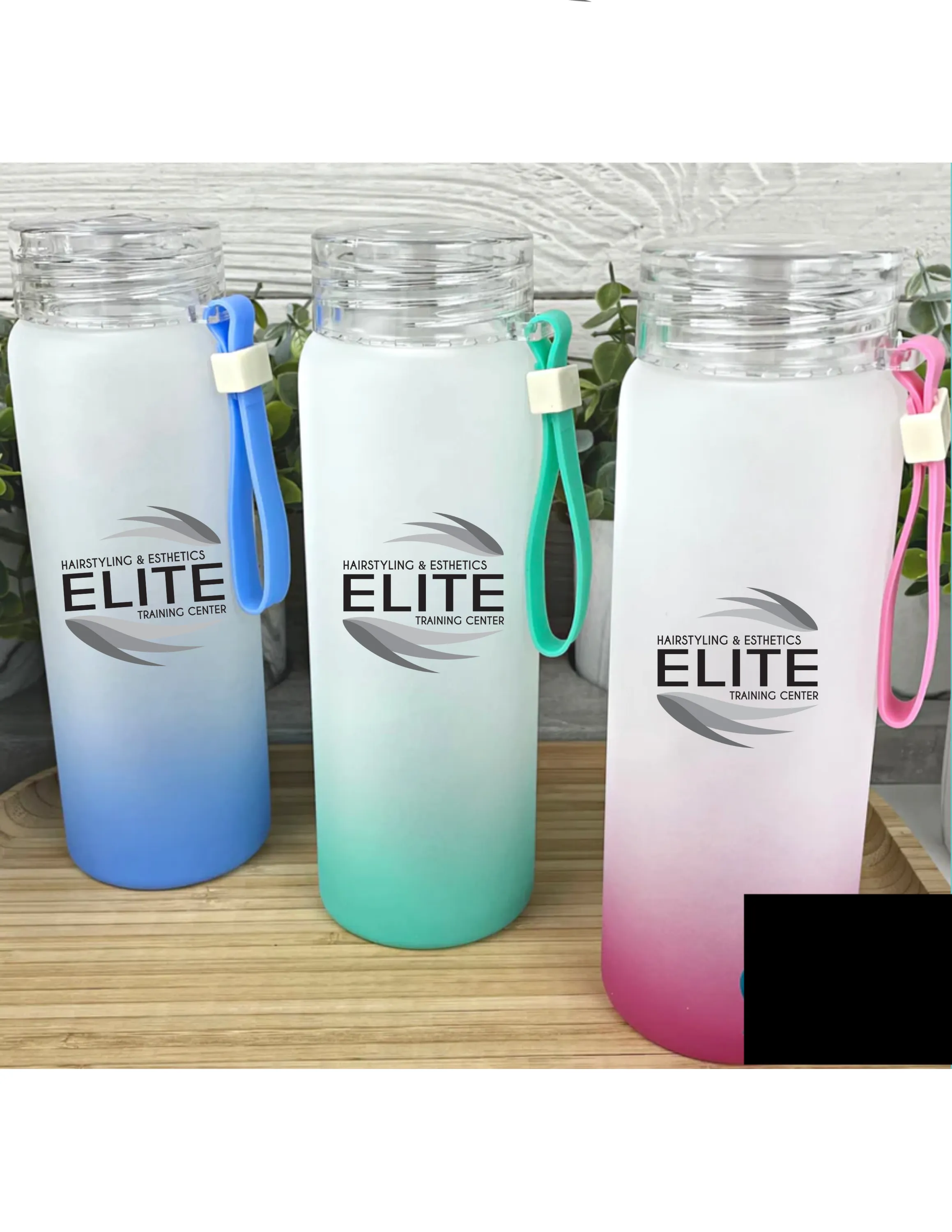 Glass ombre water bottle with Elite Branding