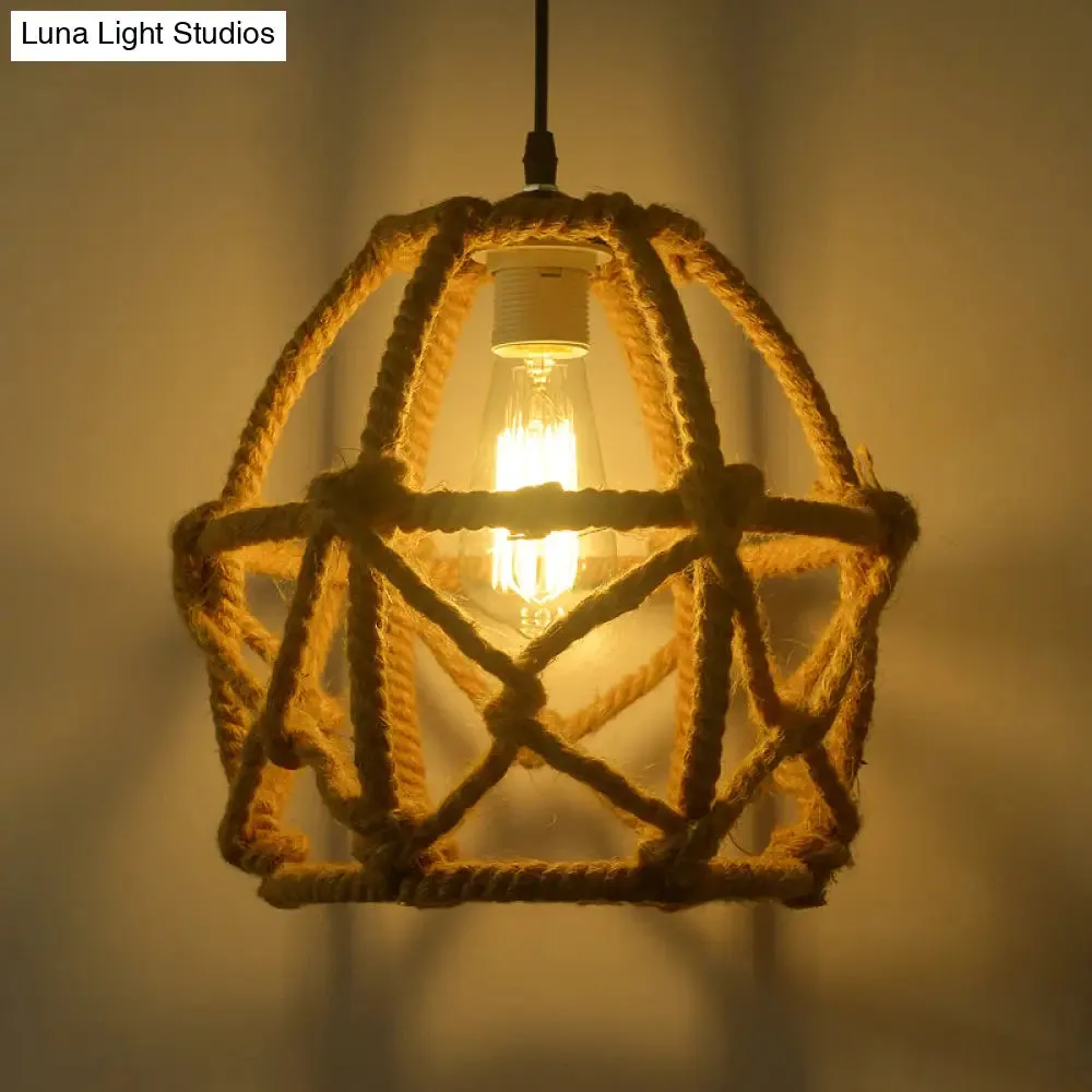 Globe Cage Hemp Rope Pendant Light - Antique Brown Finish, 1-Light Fixture for Restaurants