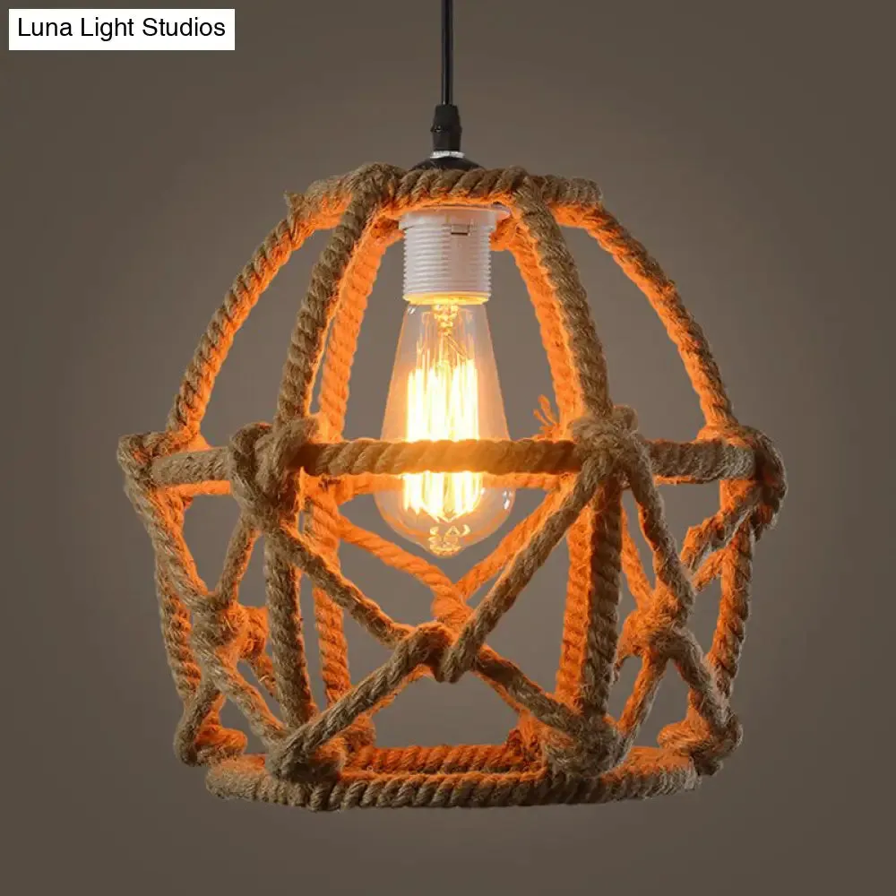 Globe Cage Hemp Rope Pendant Light - Antique Brown Finish, 1-Light Fixture for Restaurants