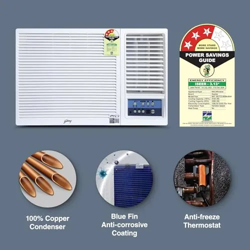 Godrej 1.5 Ton 3 Star Turbo Mode, Inverter Window AC (Copper, Anti-Dust Filter, Anti-Freeze Thermostat, 2023 Model, AC 1.5T WIC 18UTC3 WWA, White,)