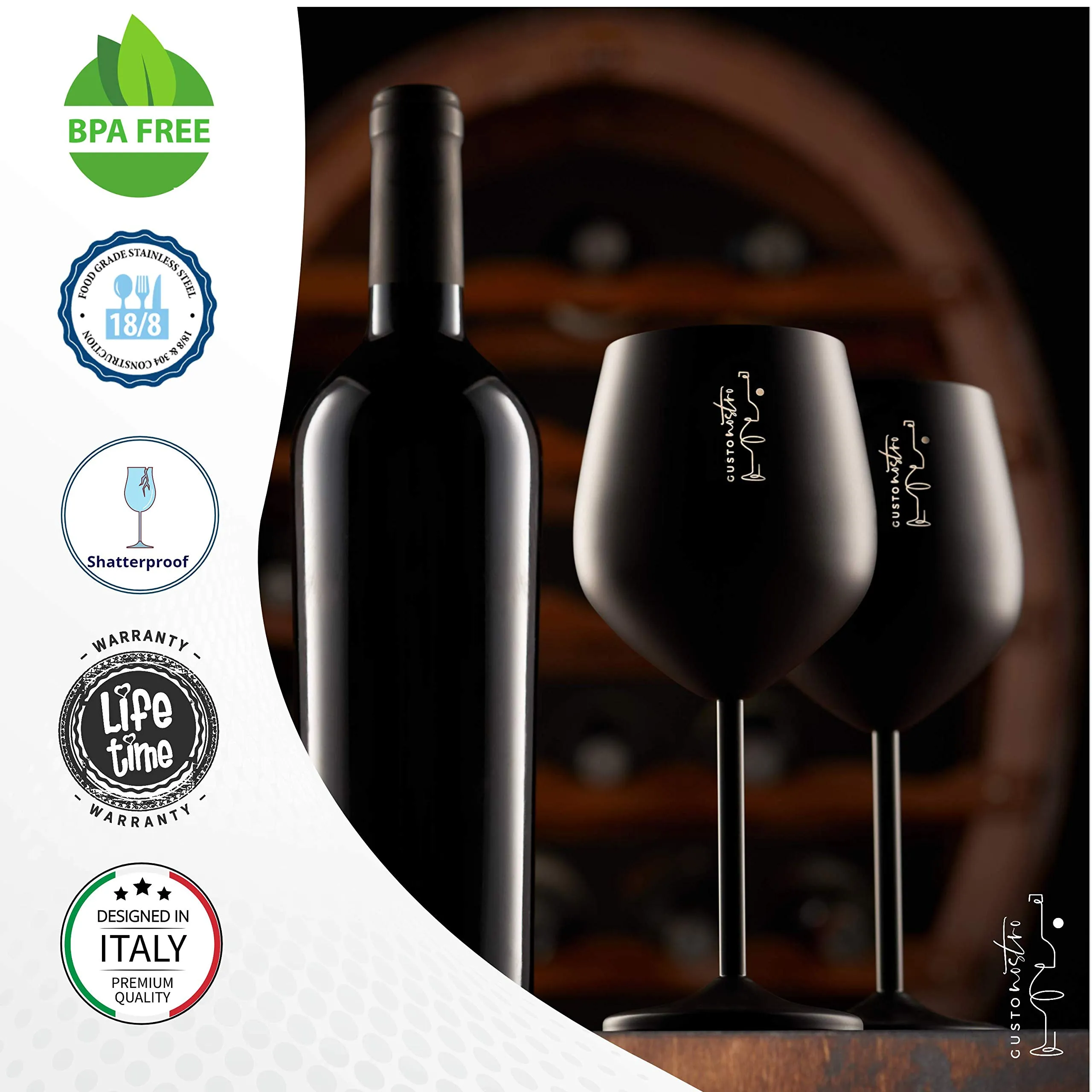 Gusto Nostro Stainless Steel Wine Glass Black Wine Glasses for Travel Set of 2