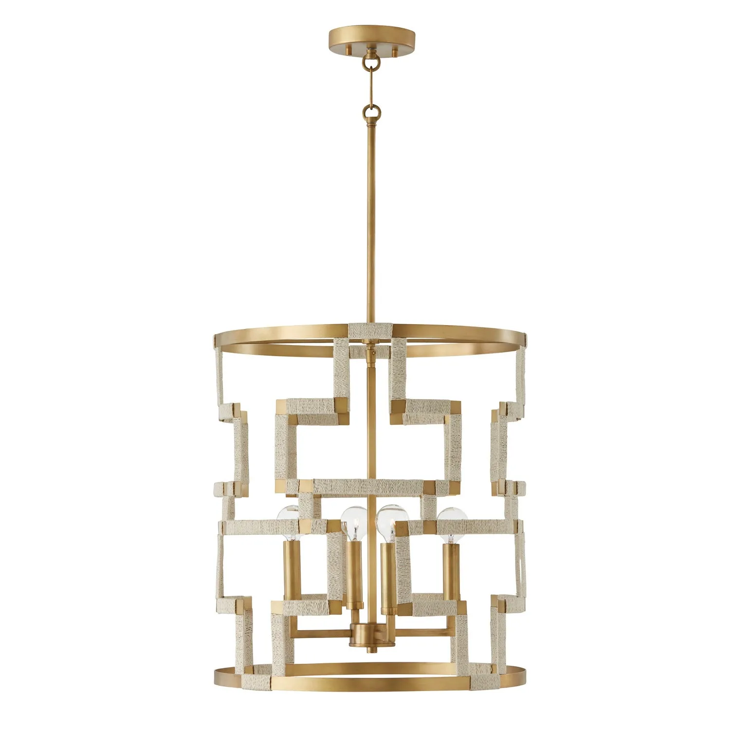 Hala 4-Light Foyer Pendant in Bleached Natural Jute and Patinaed Brass