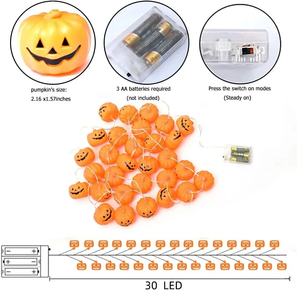 Halloween Pumpkin String Lights with Pumpkin Candy Bucket, 30 LED 16.4Ft, 8 Modes Timer Waterproof Orange Jack-O-Lantern, Outdoor and Indoor Halloween Decorations