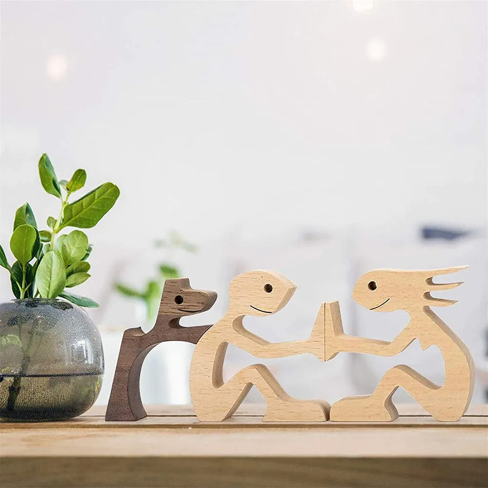 Hand-carved Wooden Puppy Family Sculpture Ornaments for Home Decor