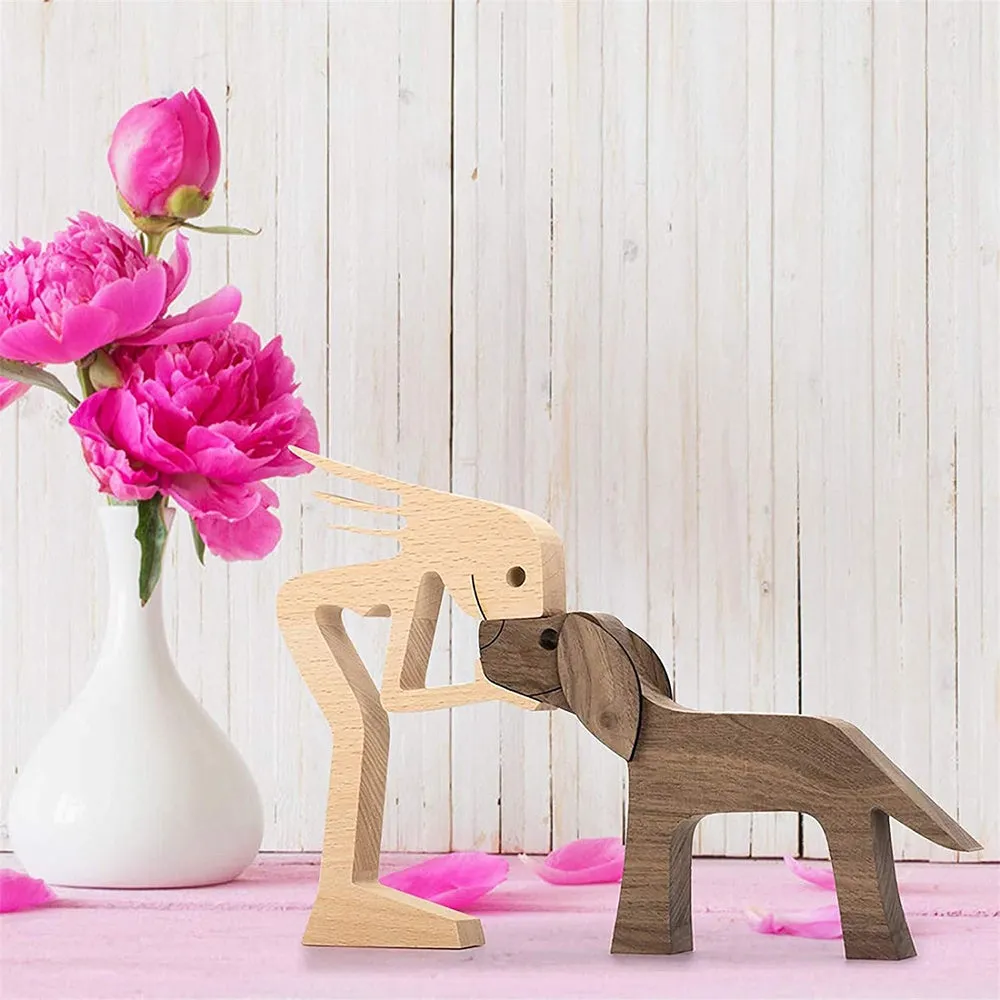 Hand-carved Wooden Puppy Family Sculpture Ornaments for Home Decor