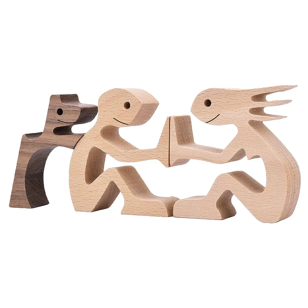 Hand-carved Wooden Puppy Family Sculpture Ornaments for Home Decor