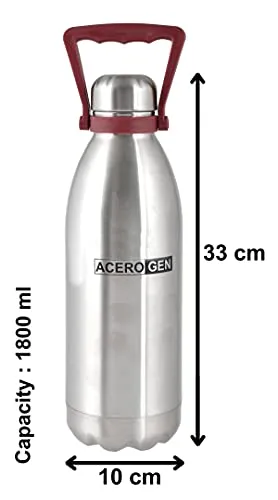 Heart Home Leak/Odour Free Insulated Double Wall Stainless Steel Water Bottle/Flask with Carrying Handle & Pouch, 1800ml- Pack of 2 (Silver)-HS42KUBMART25156